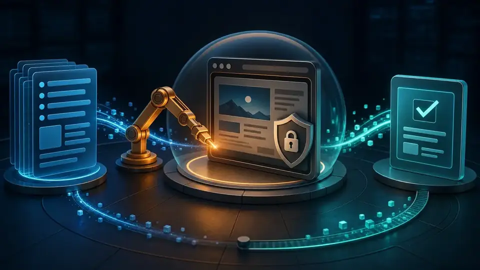 Browser automation operator alternating between page observation, one controlled action, and a new verification snapshot