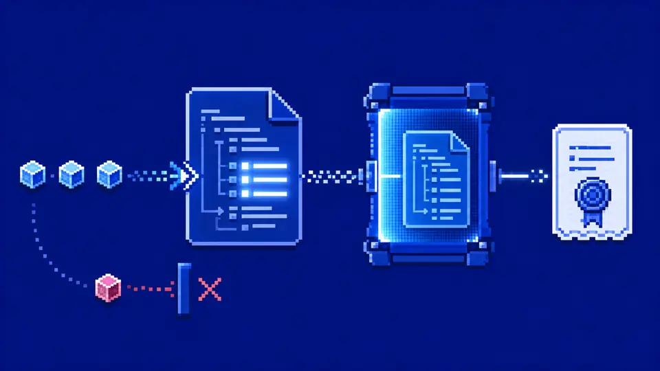 Pixel-art document batch passing through a read-back scanner to a sealed receipt while a duplicate replay is blocked