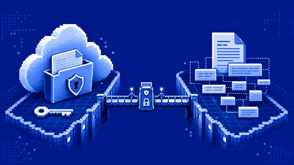 Pixel-art illustration of a guarded bridge separating a cloud file and permissions from editable document structure