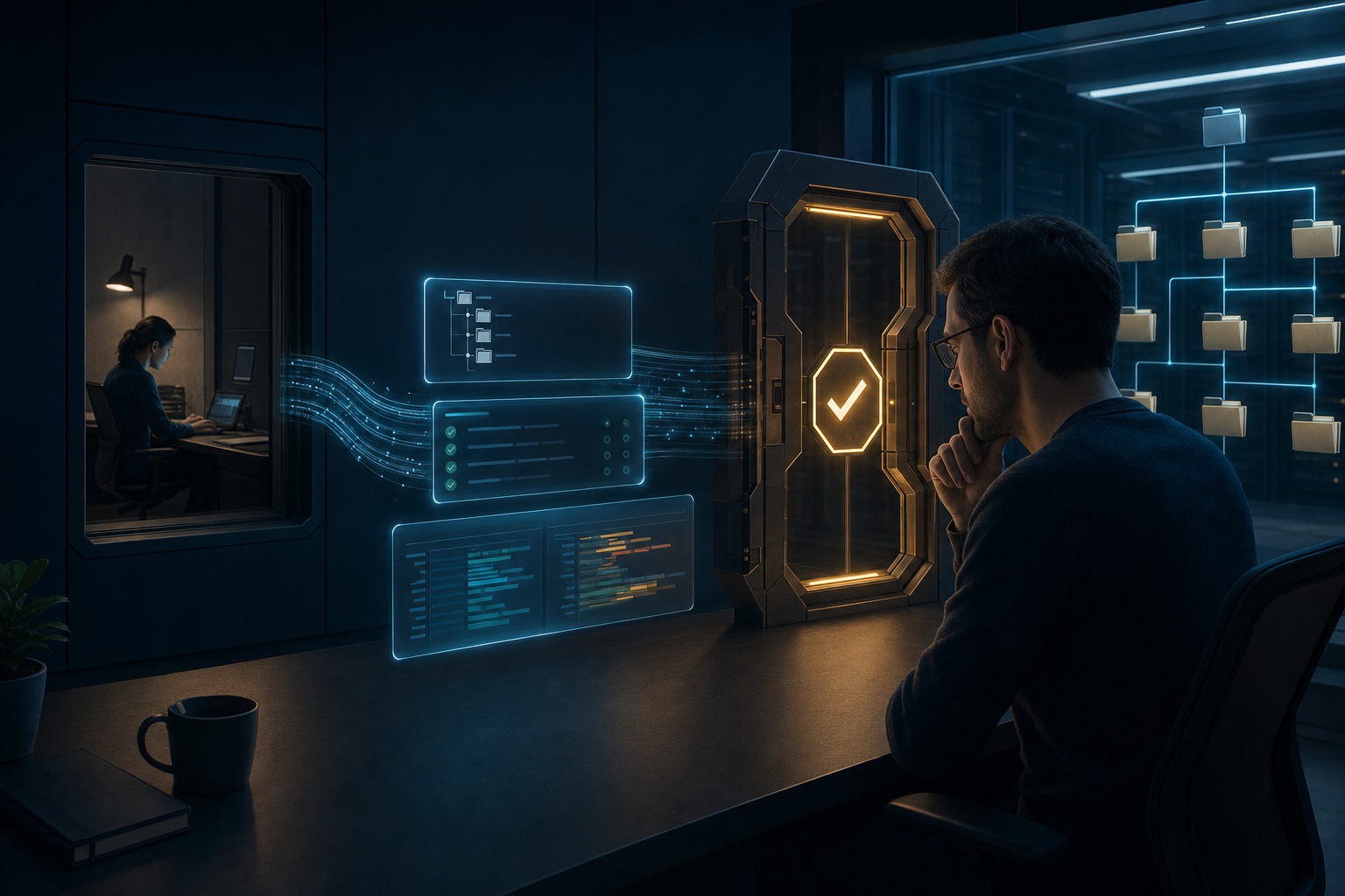 A developer reviewing a compact evidence packet from a specialist agent before allowing a code change