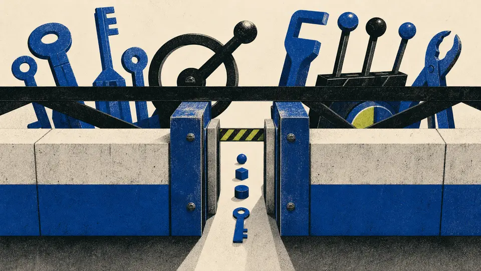 Screen-print illustration of one account key and a small set of metric shapes passing through a narrow gate while oversized control tools remain barred