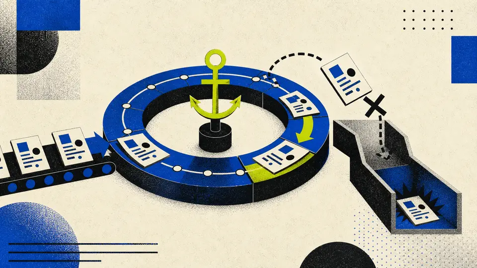 Screen-print illustration of report cards circulating through one anchored scope ring while an off-scope continuation is diverted into a closed chute