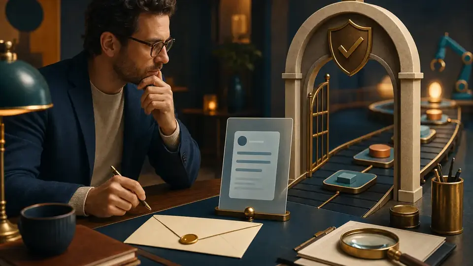 A human operator reviews a proposed message beside a guarded approval arch before the workflow may continue