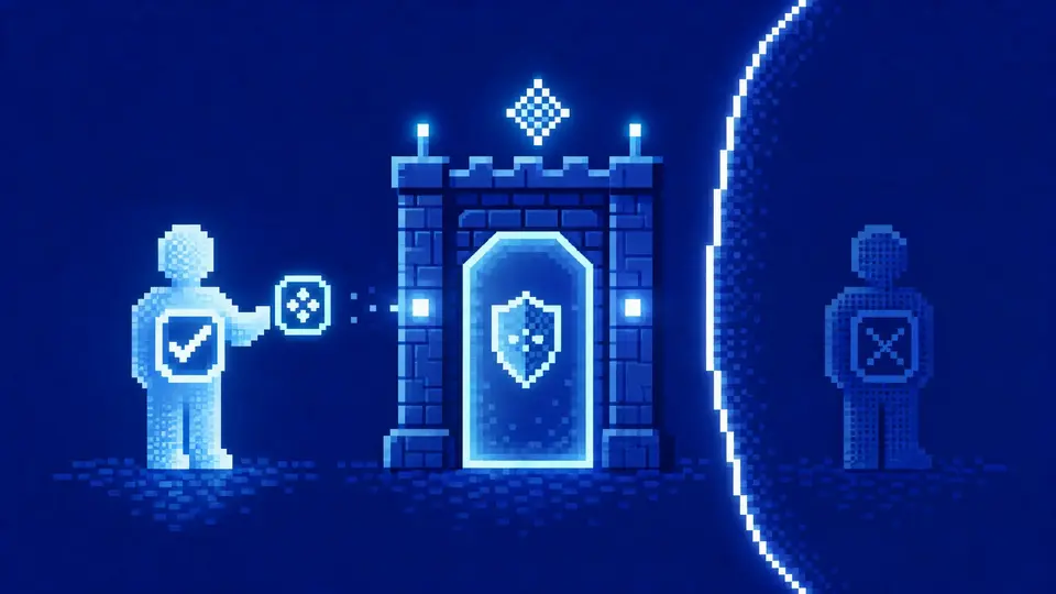 A pixel-art chat sender presenting a short approval token to a guarded gateway while an unverified sender remains outside