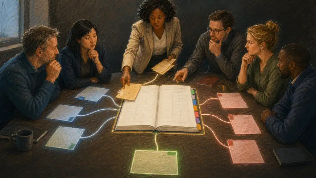 Department leaders review one cited scorecard while an agent highlights conflicting metric definitions.