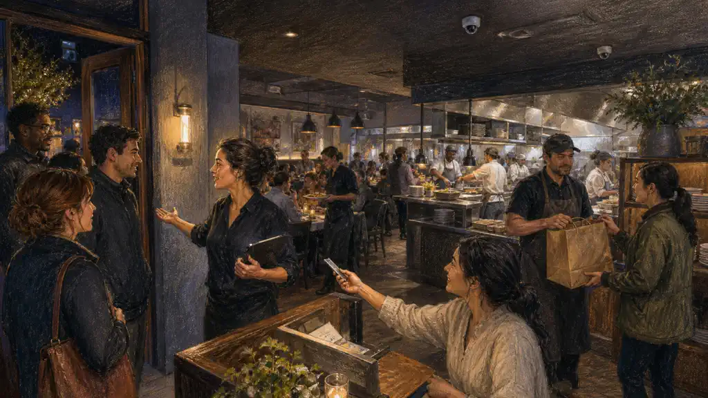 A restaurant manager responds to live service and catering signals identified by an AI operations system.