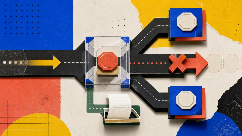 Layered collage of one payment token frozen in a holding chamber while a duplicate retry path is physically blocked and a receipt path remains open