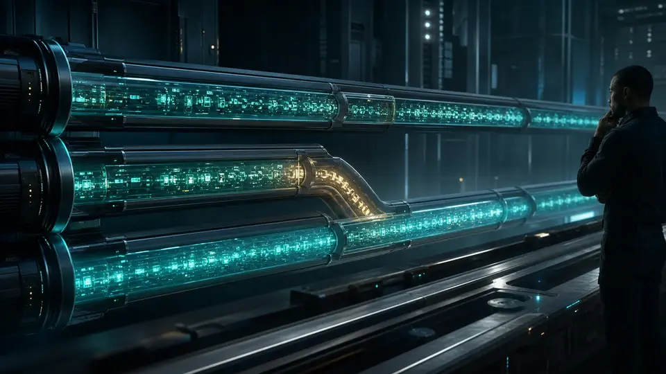 Three transparent log conduits with one amber recovery path switching between sources under operator inspection
