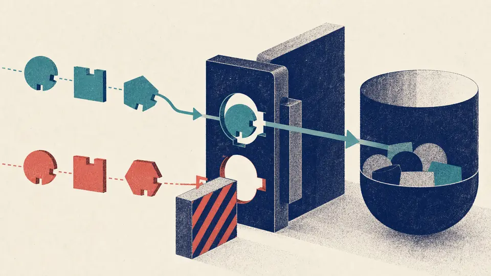 Risograph illustration of a matching teal task token passing a double-key gate while a coral cross-tenant token is stopped by a barrier