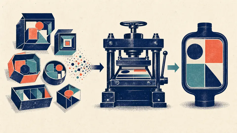 Risograph illustration of several nested geometric containers entering a mechanical press and emerging as one four-compartment vessel