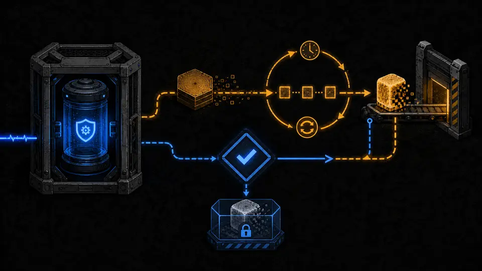 An amber stale-memory loop feeds a repeating action while a separate blue verification path diverts the old artifact into quarantine
