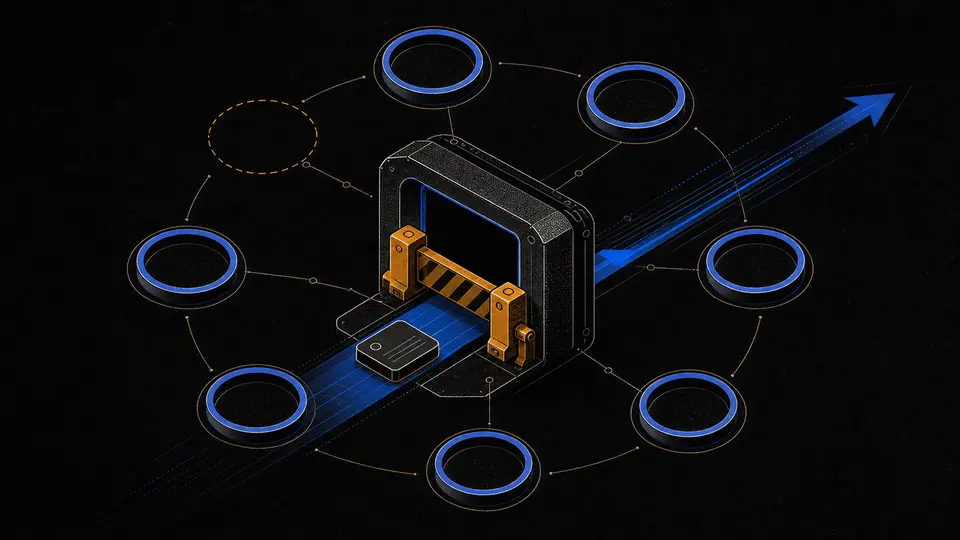 A bounded task packet stops at an amber gate because one of seven blue contract rings is missing