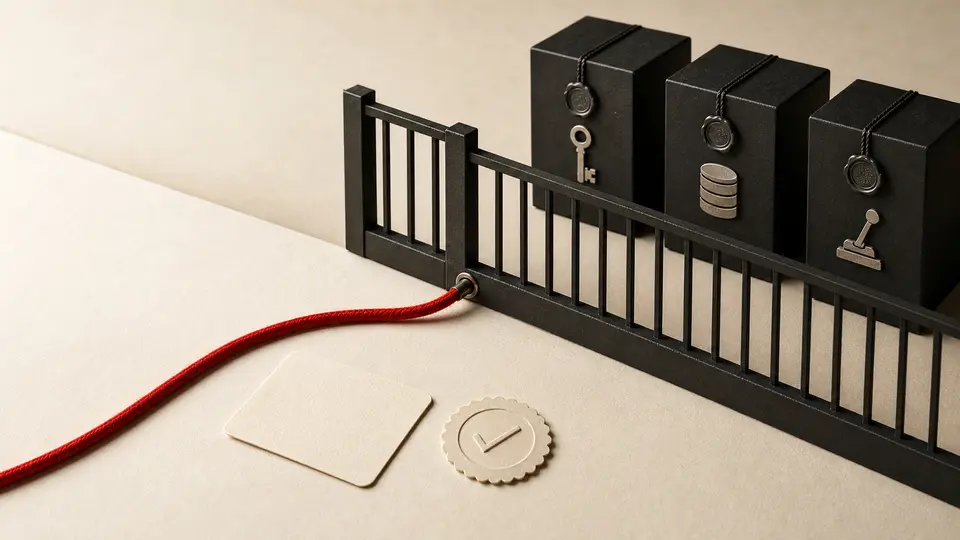 A red cord and checked patch card stop at a black boundary fence, with sealed boxes for a key, database, and deployment lever kept on the far side