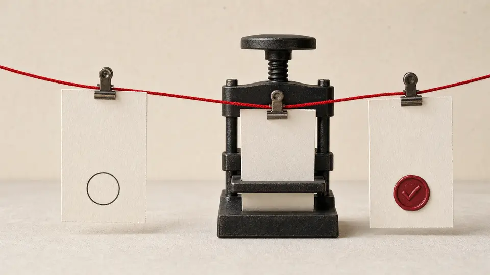Three blank evidence cards connected by a red cord, with the middle patch card passing through a black press and the final card carrying a red check seal