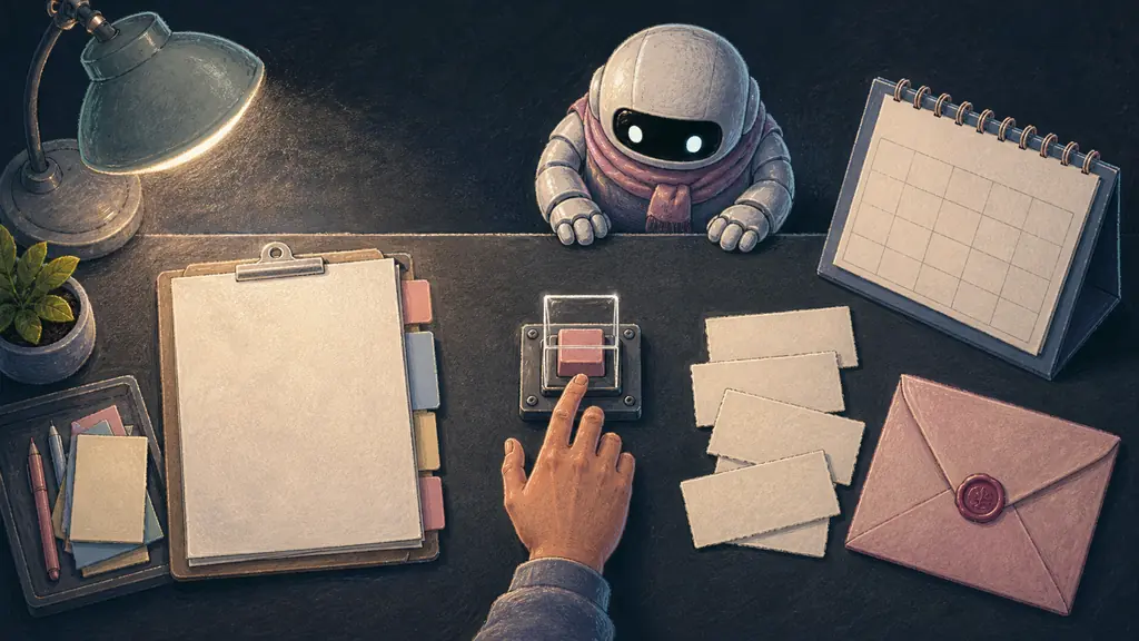 A human hand reaches for a guarded approval switch beside a blank exception ledger, evidence slips, calendar and sealed customer-message envelope.