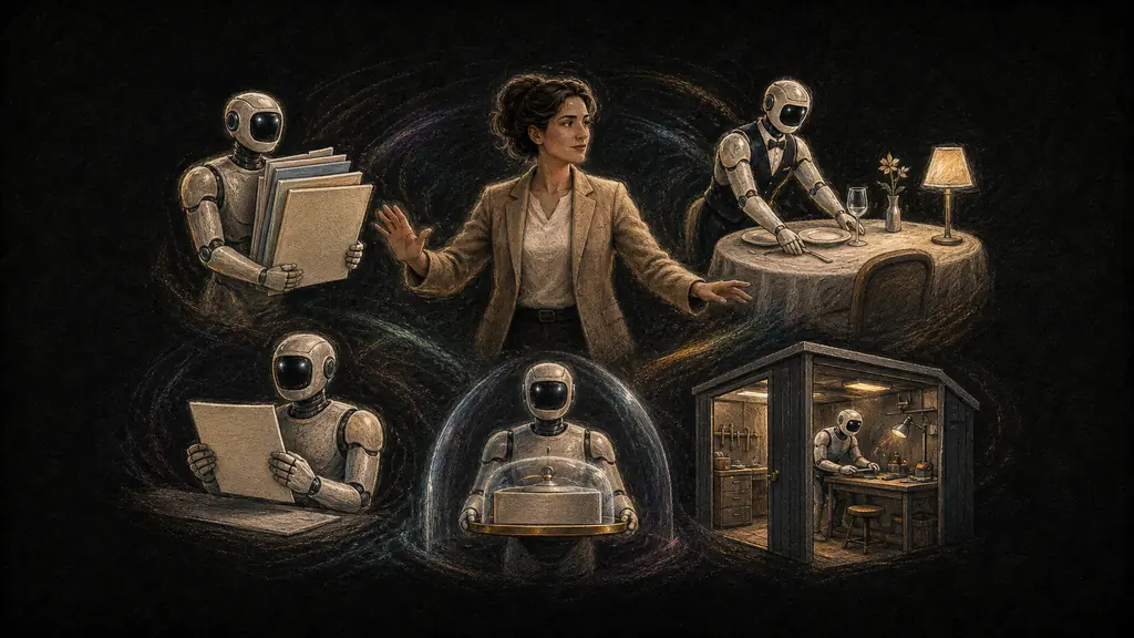 An operations lead coordinates autonomous assistants handling research, hospitality, reviews, protected transactions and secure workshop tasks.