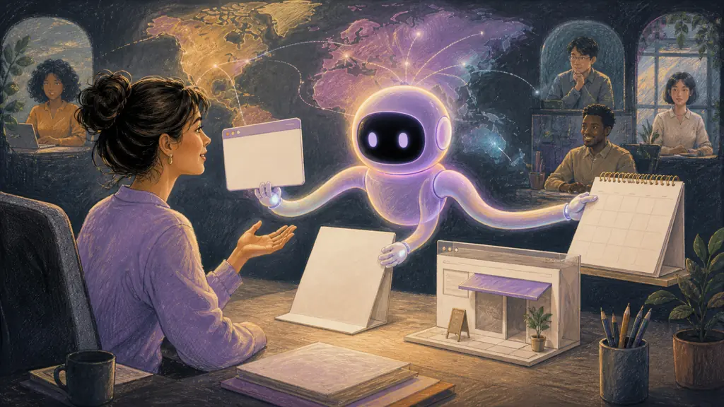 A knowledge worker directs one autonomous assistant coordinating blank documents, a calendar, research and a small deployed storefront model.