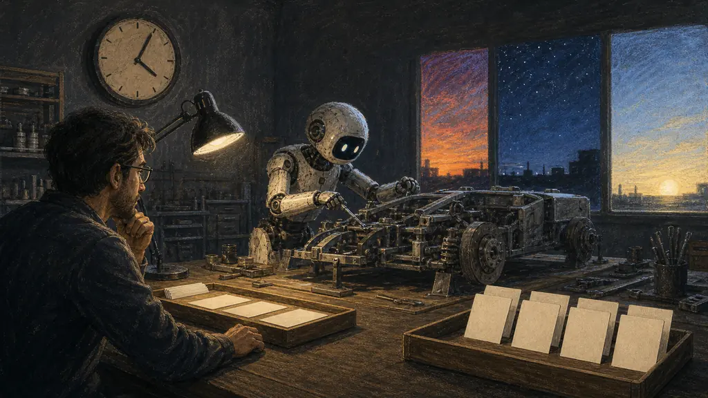 A software engineer oversees an autonomous workshop continuing one long mechanical build from dusk through dawn with blank task cards.