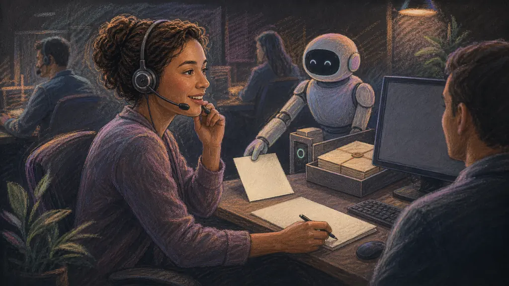 A customer-service professional leads a live conversation while an autonomous desk assistant supplies a blank reference card and sealed wrap-up packet.