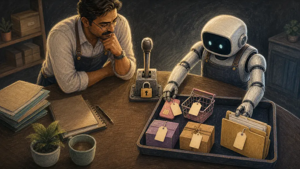 A small-business owner reviews payment exceptions sorted by an autonomous assistant behind a locked approval lever.