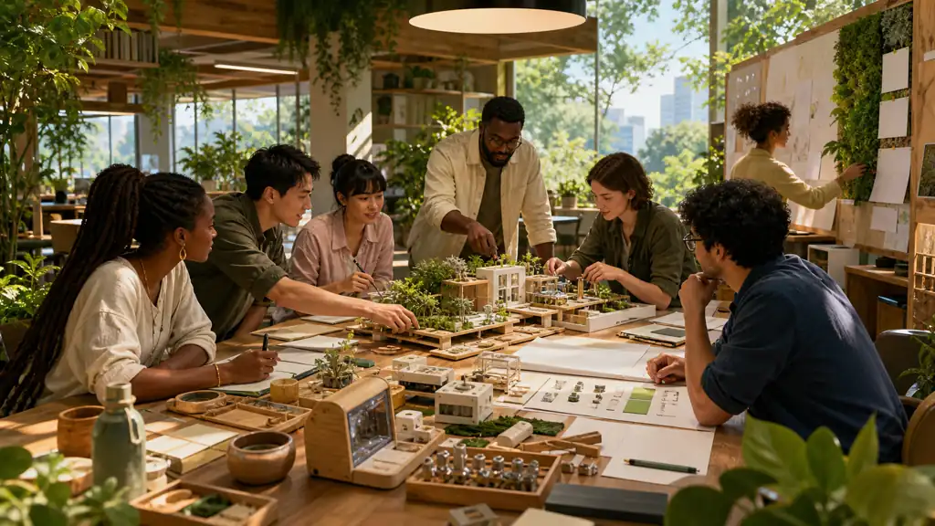 A product team gathers around one shared project table to direct several coordinated building tasks.
