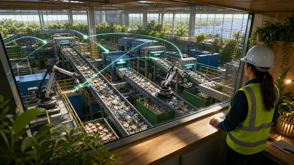 A recycling plant operator watches coordinated conveyors and robotic sorters recover mixed materials.