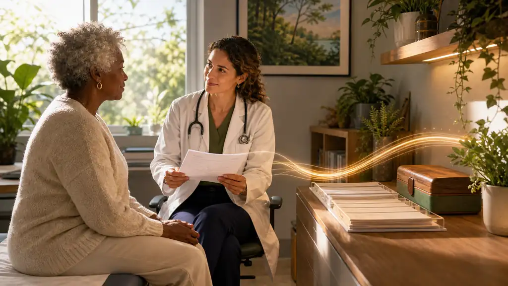 A physician reviews a prescription draft with a patient before giving final approval.