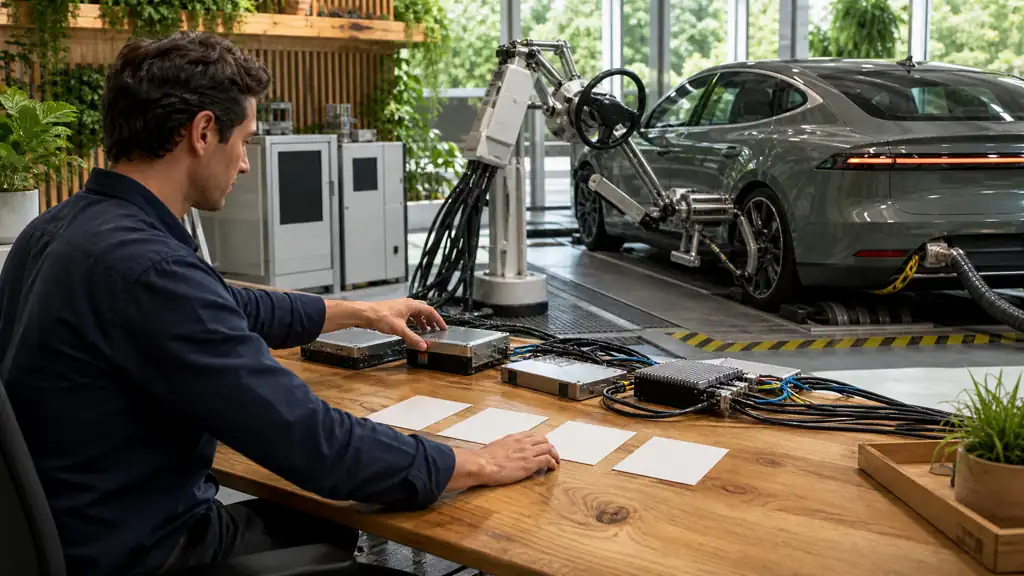An automotive test engineer supervises an autonomous repeat test on a vehicle and physical control modules.
