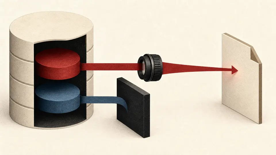 Two abstract data-source discs inside one database form while a calibrated lens routes only the approved source to a page