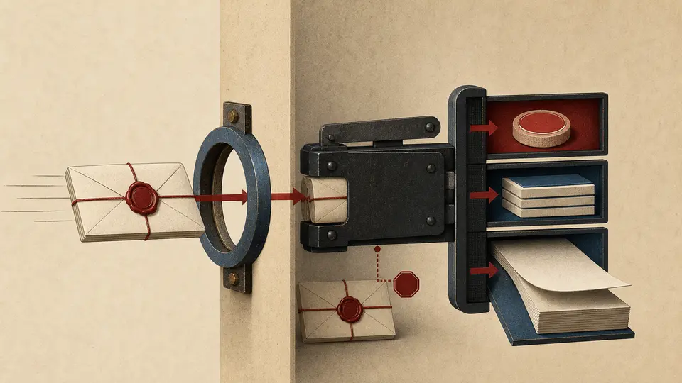 A sealed request packet passing an approval ring and one-way ledger latch toward three separate write outputs while a duplicate packet is stopped