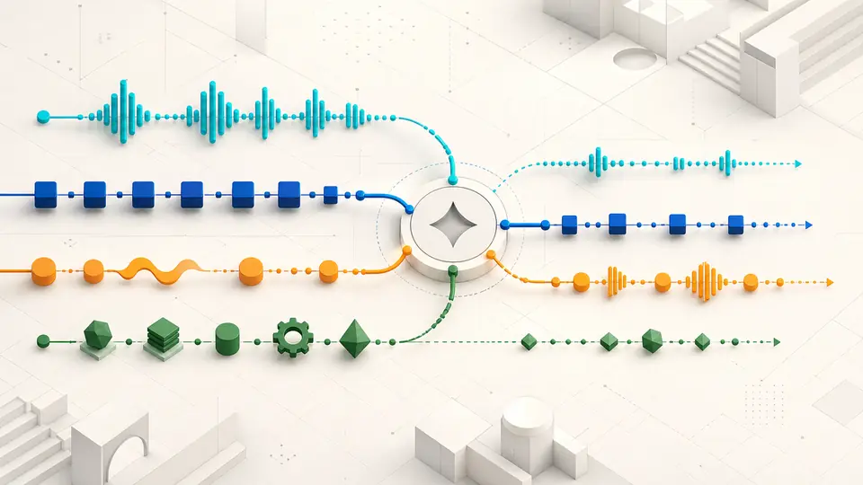Four separate voice agent lanes for audio, transcript, playback, and external tools meet at one turn token while advancing at different rates