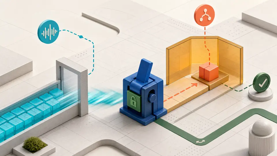 A cyan playback buffer is cleared at a gate while a separate coral tool packet waits in an amber reconciliation chamber for a durable receipt