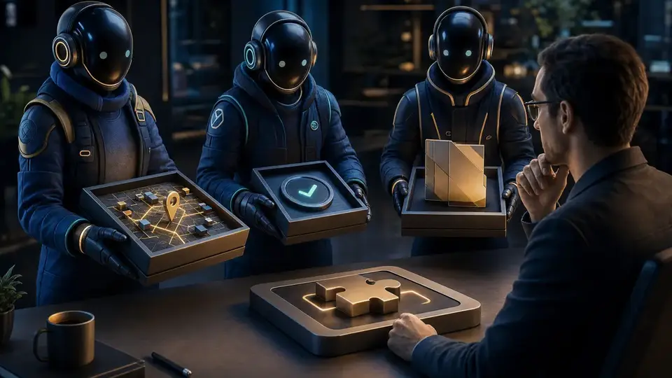 Three specialist reviewers presenting separate evidence packets to one human decision maker