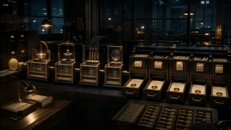 A cinematic office switchboard routes one brass token through separate physical gates for mail, files, documents, spreadsheets, and calendar resources, each with its own sealed receipt tray