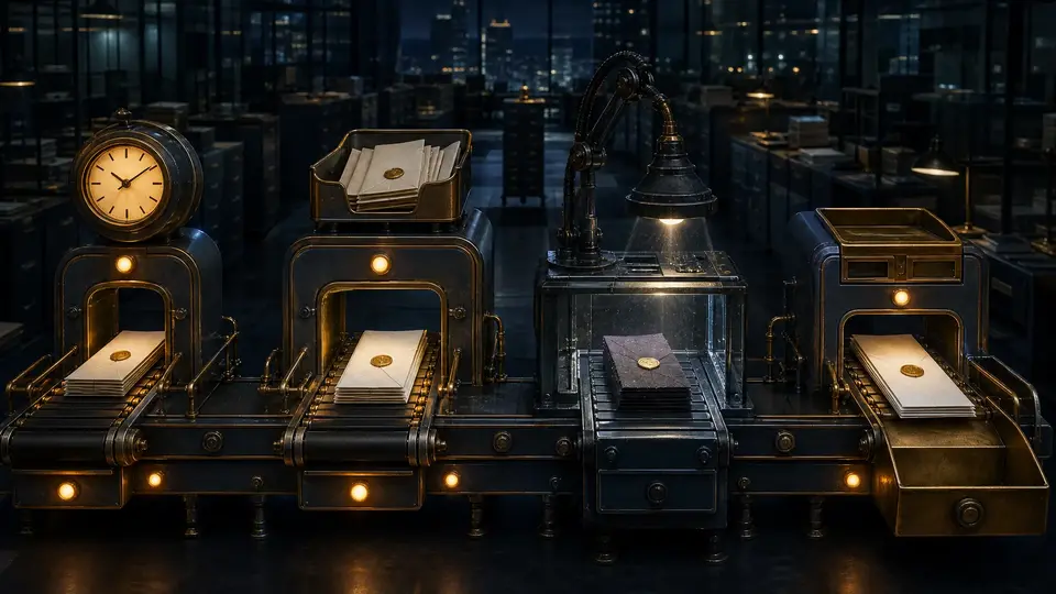 A surreal night office conveyor carries sealed receipts between a calendar, document tray, spreadsheet ledger, and mail outbox while one dark stalled segment is inspected under a focused lamp