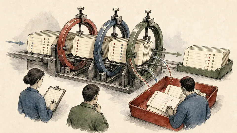 Hand-drawn record cards passing exact base, table, and field rings while mismatched cards fall into a review tray