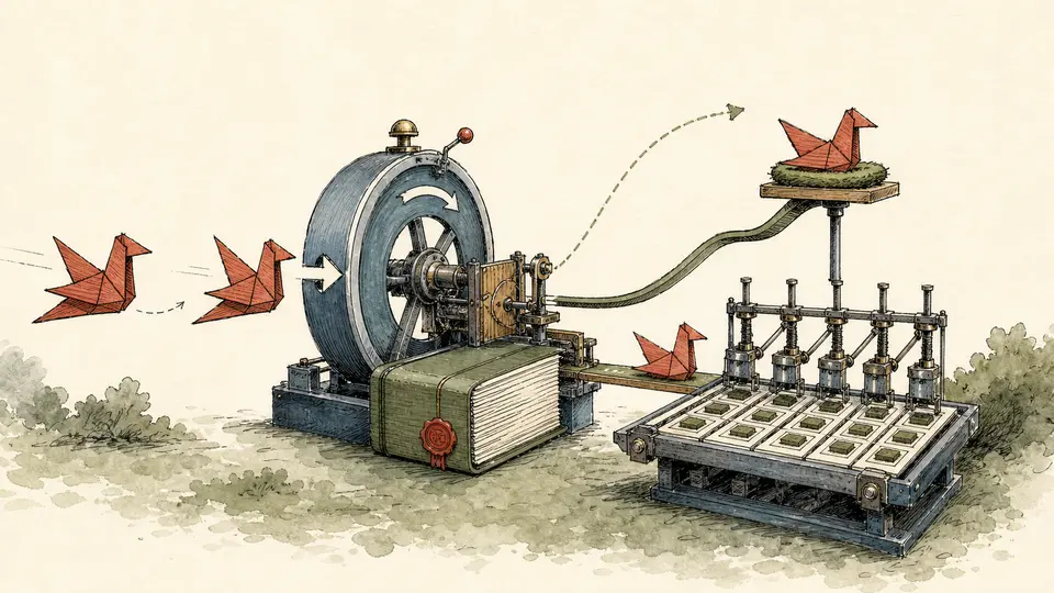 Hand-drawn duplicate paper birds meeting one transaction wheel and receipt ledger before a single batched table update