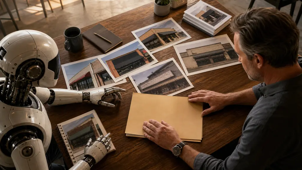 A human owner keeps both hands on an approval folder while a mechanical assistant presents photographic evidence from several storefronts.