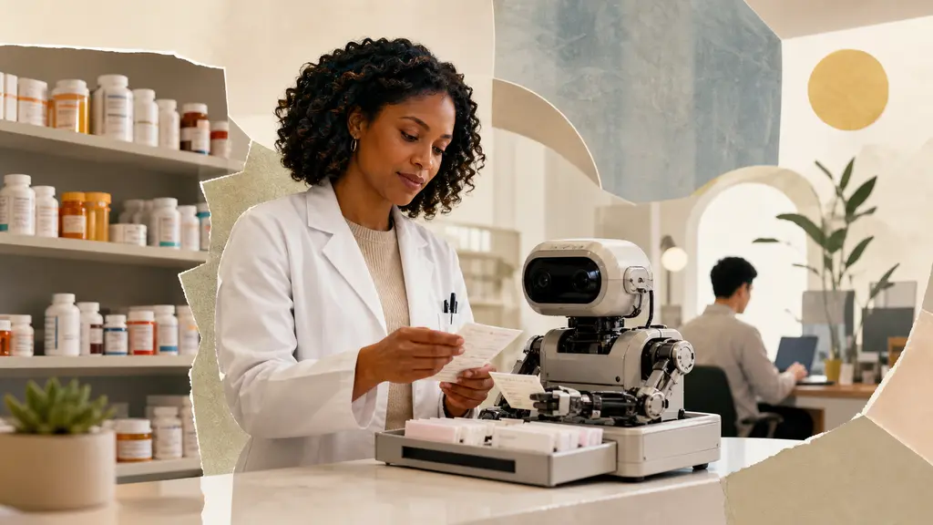 A community pharmacist reviews medication cards with a compact mechanical assistant while another work session continues in the background.