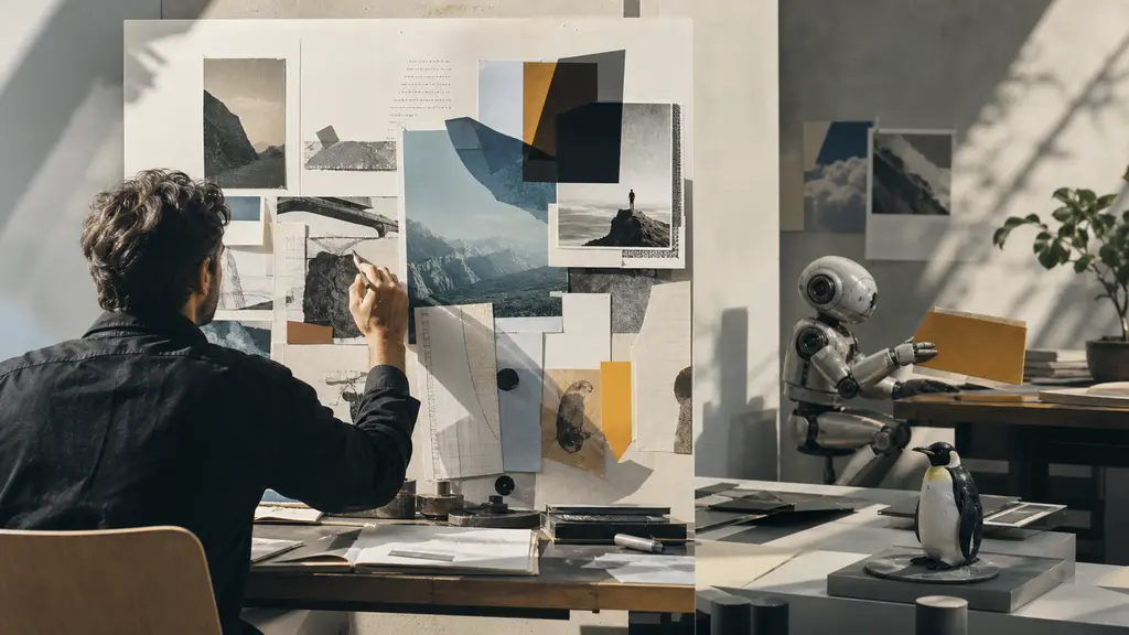 A professional develops a project board while a separate mechanical assistant completes a background task at a side desk.