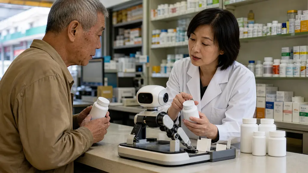 A pharmacist and an older patient review several medicines beside a local mechanical assistant at a community pharmacy counter.
