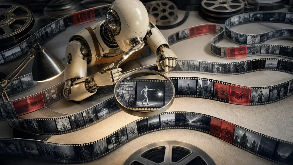 A mechanical video analyst searches several long film reels and inspects one precise moment through a magnifier.