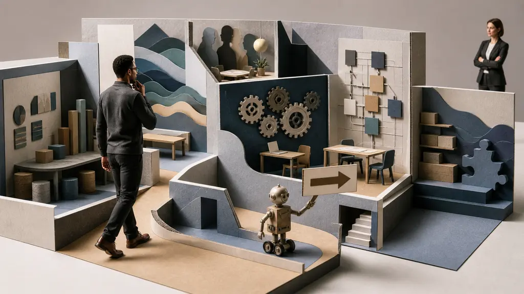 A business buyer follows a mechanical guide through a layered miniature product showroom while a seller observes from a distance.