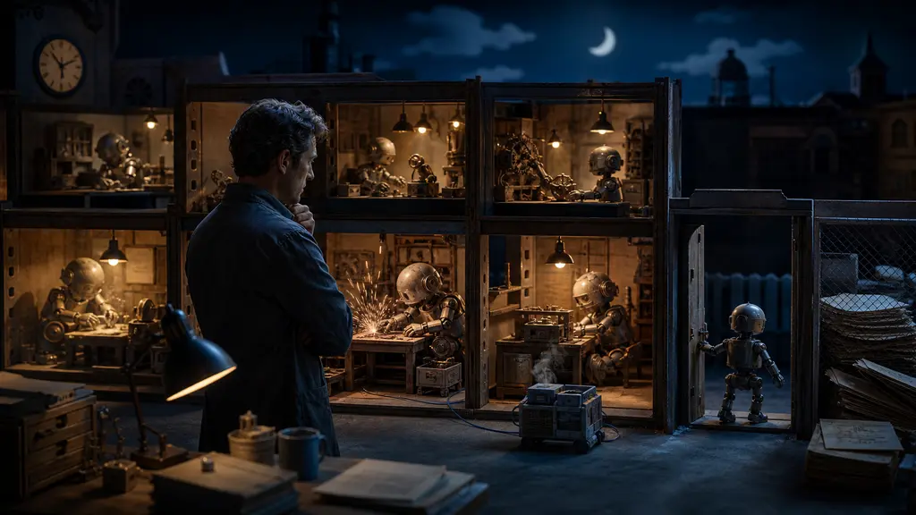 A software lead supervises several mechanical coding agents working overnight inside clearly bounded workshop bays.