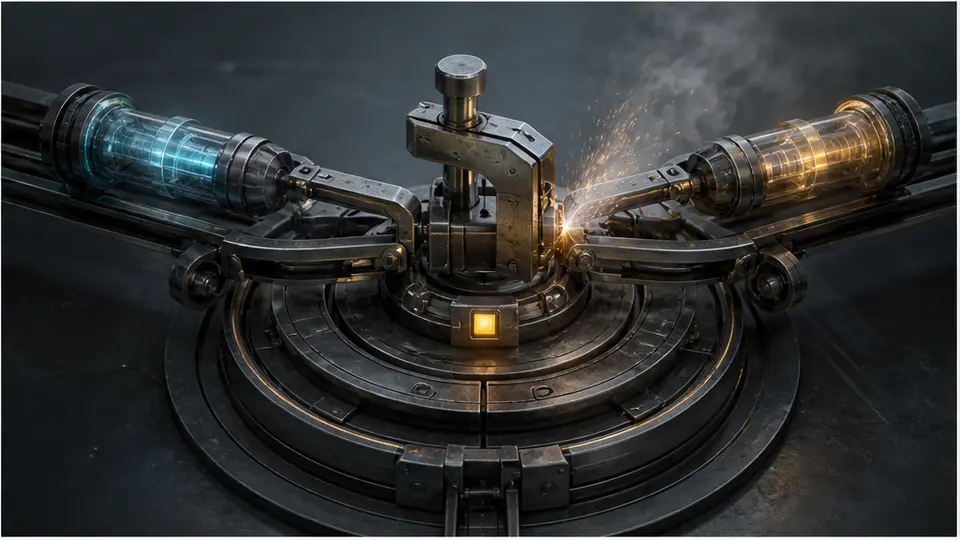 Two competing MCP task terminal transitions reaching one mechanical latch where only one state can win