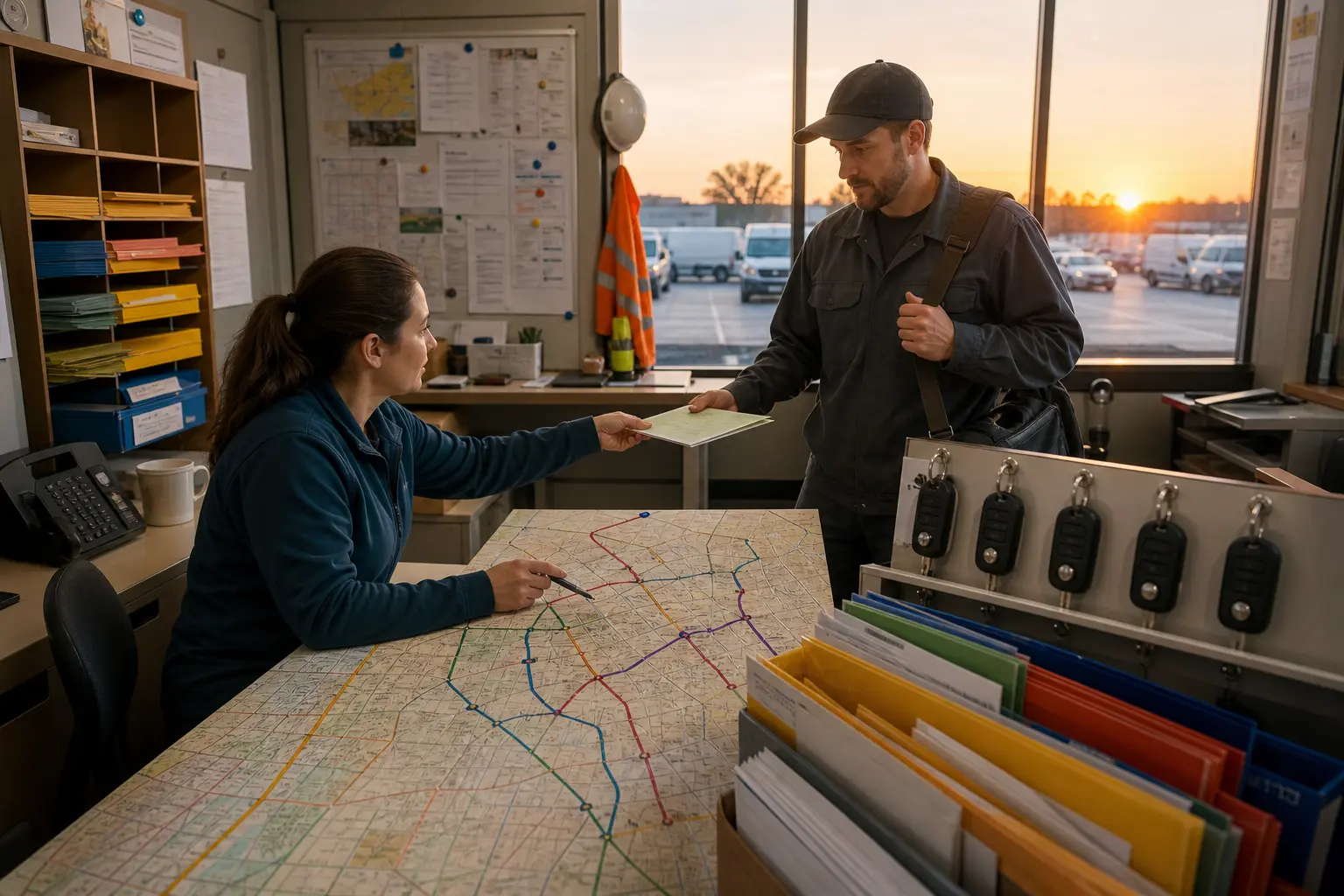 A dispatcher hands an approved route brief to a field technician beside a paper map, job folders and vehicle keys.