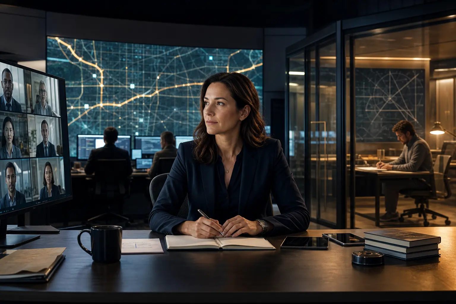 An operations lead coordinates a video meeting, urban network activity and research work from a central studio.
