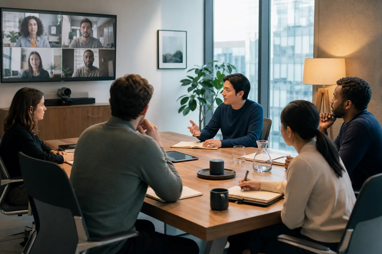 A hybrid team holds a meeting with remote participants while a conference device supports the shared conversation.