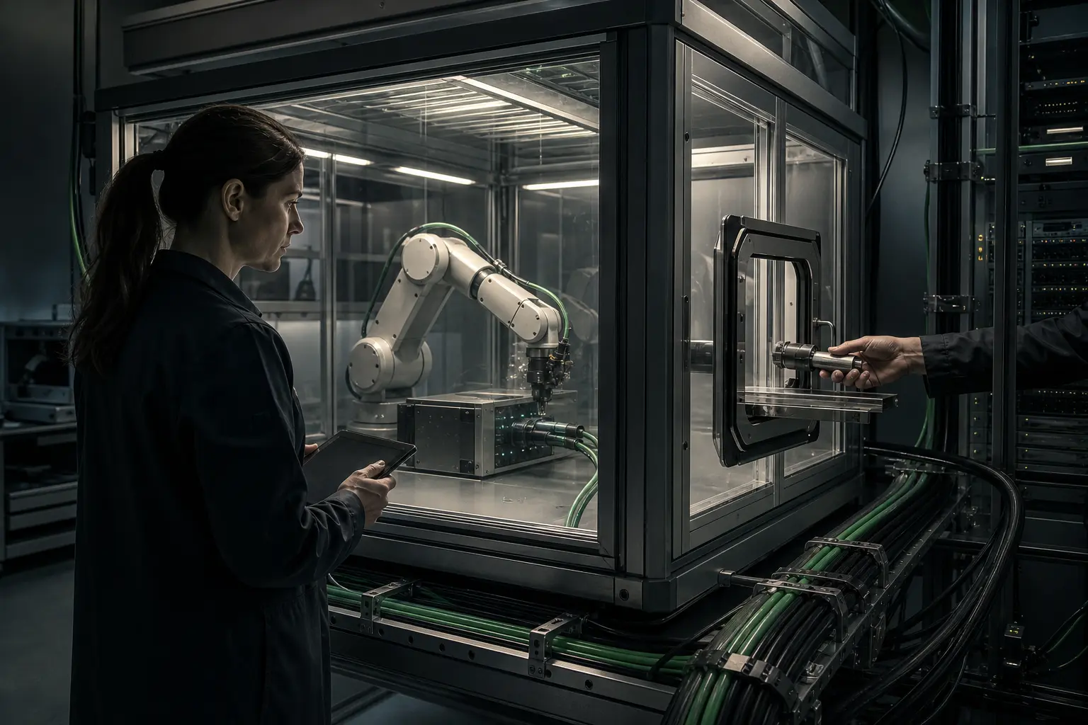 A security engineer supervises an automated machine inside an isolated test chamber with controlled cable access.