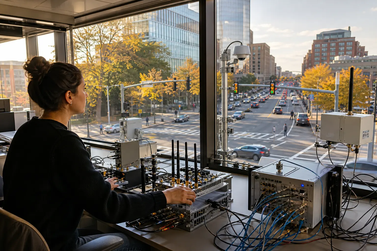 A telecommunications researcher works at a radio-network test bench overlooking a sensor-equipped city intersection.